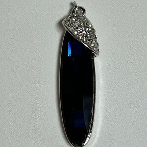 Large Vintage Sapphire Faceted Glass with Rhinestones Silver Tone Pendant